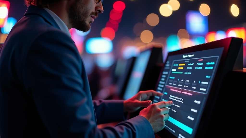 Spieler bestätigt eine Auszahlung an einem leuchtenden Casino-Terminal
