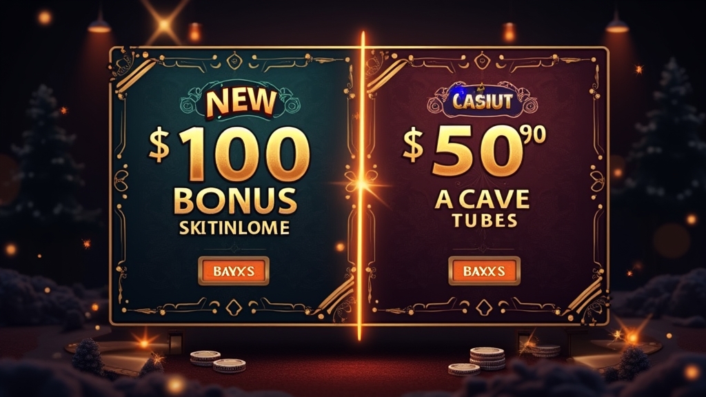 Geteilte Casino-Szene mit Neukunden- und Bestandskunden-Bonus auf Bildschirmtafeln