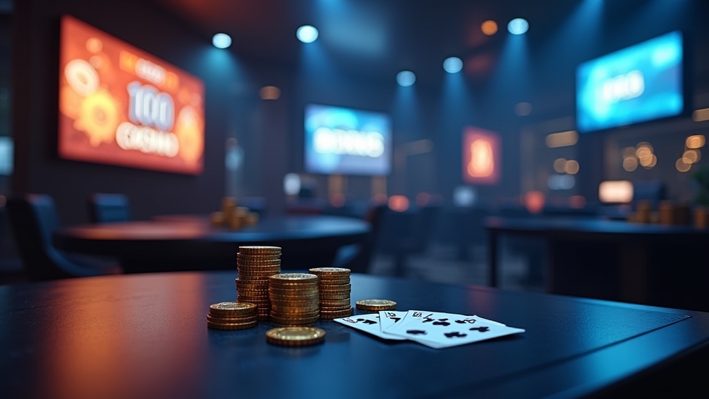 Dunkle Casino-Lobby mit Bonusbannern, Promo-Karten und goldenen Chips