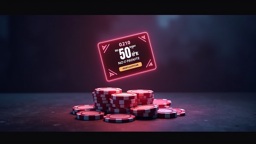 Leuchtende No-Deposit-Bonus-Karte über einem Registrierungsbildschirm im dunklen Casino-Stil