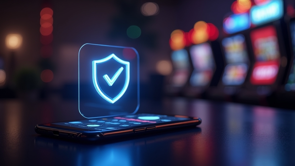 Smartphone mit sicherem App-Download im dunklen Casino-Look